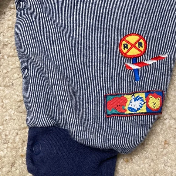 Vintage 90’s Pin Stripe Train Embroidered Overall Set Boys 18M Turtleneck Fall - Picture 4 of 8